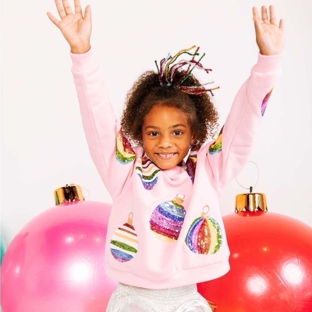 QOS Sweatshirt Kids Mega Ornament Embellish Sequin Rainbow‎ Christmas Pink L GUC